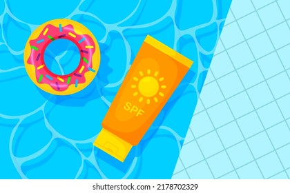 Diseño de empaque de tubo crema de pantalla solar. Fondo de verano de la piscina. Producto cosmético del baño de sol y protección de la piel de la luz solar ultravioleta. Ilustración vectorial.
