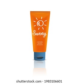 Sunscreen cream in tube. Protection for the skin from solar ultraviolet light. Flat icon. Vector illustration isolated on white background