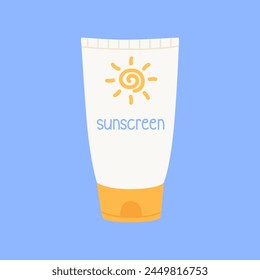 Crema protectora solar en tubo con el símbolo del sol. Protección de la piel de la luz ultravioleta solar. Ilustración vectorial plana, aislada.