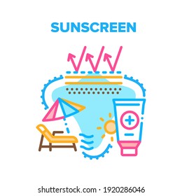 Sunscreen Cream Vector Icon Concept. Sunscreen Skin Protection Lotion, Creamy Cosmetic Tube For Protect And Skincare From Sun. Sunblock For Resting On Beach And Good Sunburn Color Illustration