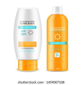 Sunscreen cream Vector realistic. Solar Protection uv and high spf. Product placement mock up. Label design 3d illustration