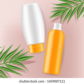 Sunscreen cream Vector realistic. Solar Protection uv and high spf. Product placement mock up. Label design 3d illustration