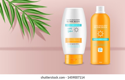 Sunscreen cream Vector realistic. Solar Protection uv and high spf. Product placement mock up. Label design 3d illustration