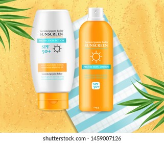 Sunscreen cream Vector realistic. Solar Protection uv and high spf. Product placement mock up. Label design 3d illustration