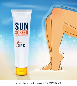 Sunscreen cream and women's legs, sunblock product. Vector illustration