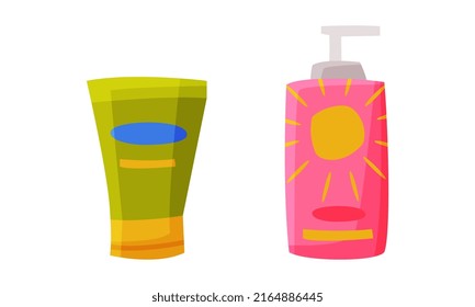 Sunscreen creams set. Summer vacation accessories cartoon vector illustration