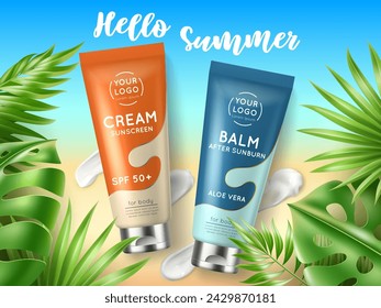 Sunscreen creams. Summer cosmetic advertising banner. Product presentation. Sunblock moisturizer, skincare cream tube for beauty product with tropical leaves. Beach background. Vector concept