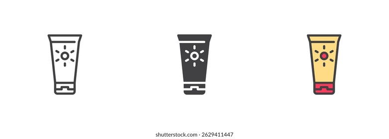 Sunscreen different style icon set. Line, glyph and filled outline colorful version, outline and filled vector sign. Sunblock symbol, logo illustration. Vector graphics