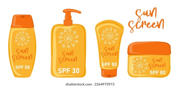 Pantalla solar. Distintos cosméticos de protección solar. El concepto de belleza y salud. Ilustración vectorial dibujada por mano