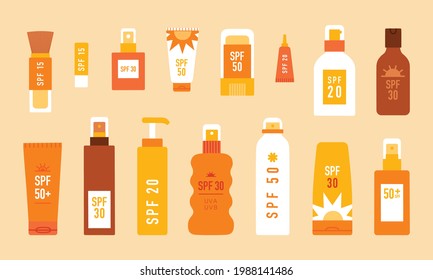 Sunscreen. Different Types Of Sun Protection Cosmetics. Spray, Lotion, Tubes, Stick. Set Of Vector Isolated Objects.