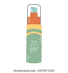 Sunscreen. Different types of sun protection cosmetics. Spray, lotion, tubes, stick. Set of vector isolated objects. Sunscreen moisturizer, sunblock, skin protection and UV rays blocking concept.