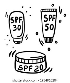 Sonnenschutzdoodle-Symbol, Sonnenschutzcreme SPF Sunblock Lotion, eine handgezeichnete Vektorgrafik einer Sonnenschutzcreme SPF Lotion.