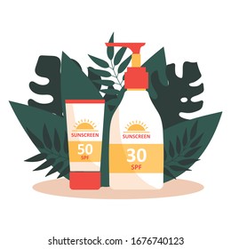 Sunscreen and elk on tropical leaves background. UV protection. Prevention of aging and skin cancer. Flat isolated vector illustration on white background.