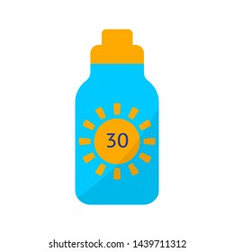 Sunscreen. Flat color summer Holiday icon on white background. Sun protection. Sports and recreation. Beach accessories. Vector illustration.