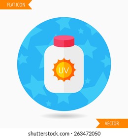 sunscreen flat icon with long shadow on blue circle background , vector illustration , eps10