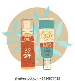 líquido y aceite para el protector solar. Frascos en un tubo cerrado. Cosméticos. Productos para el cuidado de la cara y el aceite. El icono del tarro con Spf aqua cream. Un objeto de Vector en un estilo plano. Hojas tropicales. Un objeto aislado