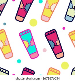 Sunscreen fun hand drawn vector bright illustration seamless pattern isolated on white background with sun block cream and abstract figures in flat cartoon style trendy