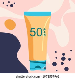 Sunscreen gel or block cream, tanning oil in plastic tube.Abstract background with UV cosmetics for dermis protecting.Mid century art.Prevention of aging and skin cancer for kids and adults.Summer 