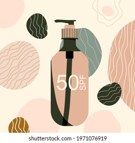 Sunscreen gel or block spray, tanning oil.Abstract background with UV cosmetic for dermis protecting.Mid century art.Prevention of aging and skin cancer for kids and adults.Summer. Vector