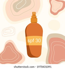 Sunscreen gel or block spray.Abstract background with UV cosmetic for dermis protecting.Mid century art.Prevention of aging and skin cancer for kids and adults.Summer poster. Vector