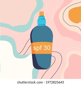 Sunscreen gel or block spray.Abstract background with UV cosmetic for dermis protecting.Mid century art.Prevention of aging and skin cancer for kids and adults.Summer poster. Vector bottle