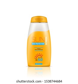 Sunscreen gel or cream for skin protection and UVA/UVB rays blocking, isolated on white background. Ready for branding, packaging and advertising design. High quality realistic vector illustration.