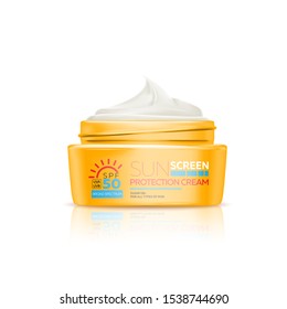 Sunscreen gel or cream for skin protection and UVA/UVB rays blocking, isolated on white background. Ready for branding, packaging and advertising design. High quality realistic vector illustration.