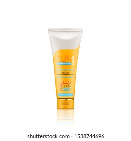 Sunscreen gel or cream for skin protection and UVA/UVB rays blocking, isolated on white background. Ready for branding, packaging and advertising design. High quality realistic vector illustration.