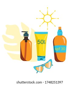 Sunscreen gel, sunblock spray, tanning oil and sunglasses. Prevention of aging and skin cancer for kids and adults. Summer flat isolated vector illustration of UV cosmetics for protecting the skin. 