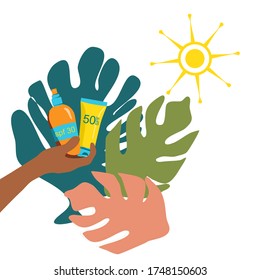 Sunscreen gel and tanning oil in hand with tropical leaves .Prevention of aging and skin cancer for kids and adults.Flat isolated vector illustration of UV sun protection on white background