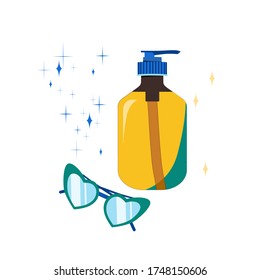 Sunscreen gel or tanning oil and sunglasses. Summer cartoon flat isolated vector illustration of UV cosmetics for protecting the skin. Prevention of aging and skin cancer.  Stars and glare elements