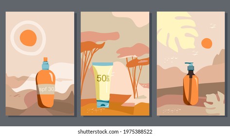 Sunscreen gel,block spray, tanning oil.Set of abstract landscapes with UV cosmetics for dermis protection.Mid century art.Prevention of aging and skin cancer for kids and adults.Summer background