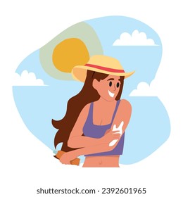 Sunscreen, girl uses sunscreen to protect herself from sun damage. Young woman in straw hat flat character on cartoon background.
