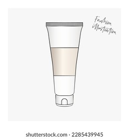 Sunscreen, hand cream, moisturizer illustration. Skincare product tube vector. Lotion, cleansing foam, shower gel, shampoo