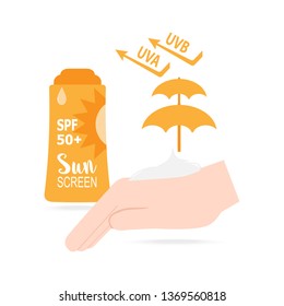 Sunscreen and with hand icon, sunblock SPF 50, protection skin health concept