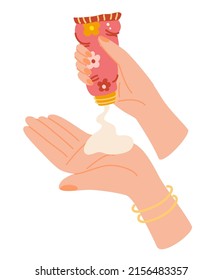 Sunscreen. Hands with cream, tubes and bottles of sunscreen products with SPF. Summer cosmetic. Sunblock, skin protection, skin care products. Vector Hand draw illustration