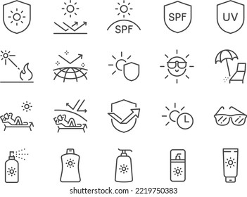 Sunscreen icon set. Included the icons as sun protection, sunbathe, sun glasses, uv, spf and more.