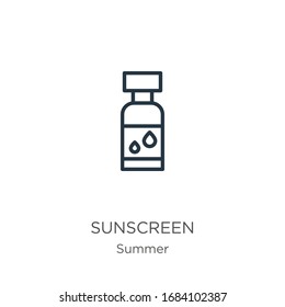 Sunscreen icon. Thin linear sunscreen outline icon isolated on white background from summer collection. Line vector sign, symbol for web and mobile