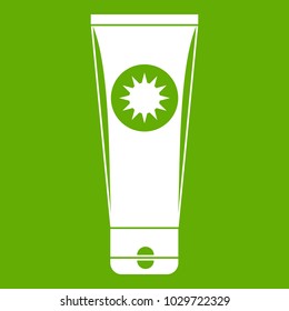 Sunscreen icon white isolated on green background. Vector illustration