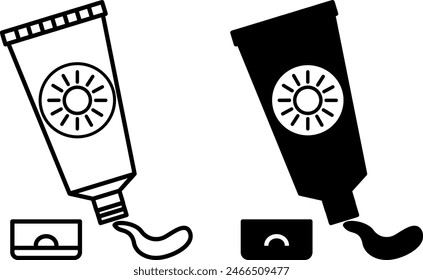 Sunscreen icons. Black and White Vector Icon of Open Tube with Sunscreen. Protecting Skin from Ultraviolet Light. Summer and Vacation Concept