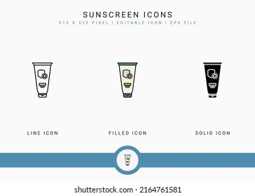 Sunscreen icons set vector illustration with solid icon line style. Ultraviolet protection concept. Editable stroke icon on isolated white background for web design, user interface, and mobile app