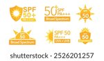 Sunscreen information, 50 SPF UVA and UVB, PA++++, broad spectrum with yellow sun logo icon, editable vector isolated from background set. simple and informative