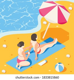 Sunscreen isometric background composition with female characters applying sunburn cream with beach umbrella near sea coast vector illustration
