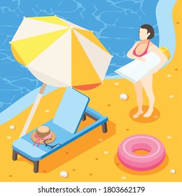Sunscreen isometric background composition with view of sea coast with beach couch umbrella and sunburn cream vector illustration