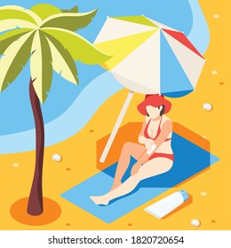 Sunscreen isometric background composition with view of summer beach umbrella and woman salving herself with cream vector illustration