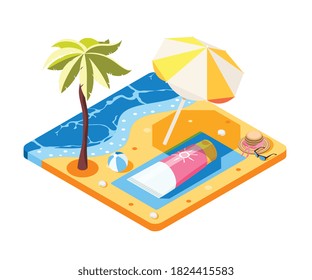 Sunscreen isometric composition with conceptual image of cream tube laying on sandy beach with sun umbrella vector illustration