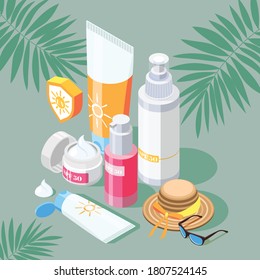 Sunscreen isometric composition with set of sun protection products creams and spray with hat and sunglasses vector illustration