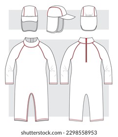 Sunscreen kid's overall long sleeve and hat for beach. Technical sketch.