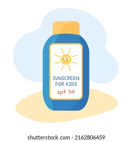 Sunscreen for kids. Summer skin care product for children. Kids UV protection cream in bottle isolated. Safe tanning of child. Flat vector illustration.