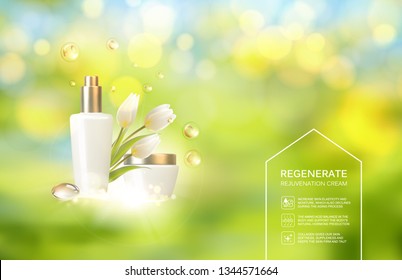 Sunscreen label design for your summer vacation. Skin care concept. White tulip flowers bouquet on natural green blurred background. Vector illustration.